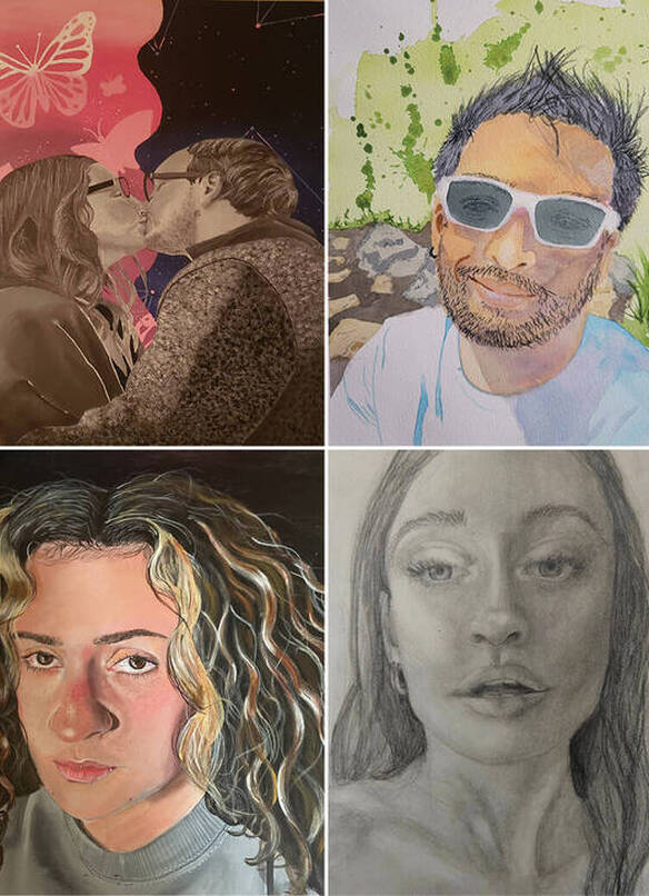 Collage of four student self-portraits from Senior Art Show 2024