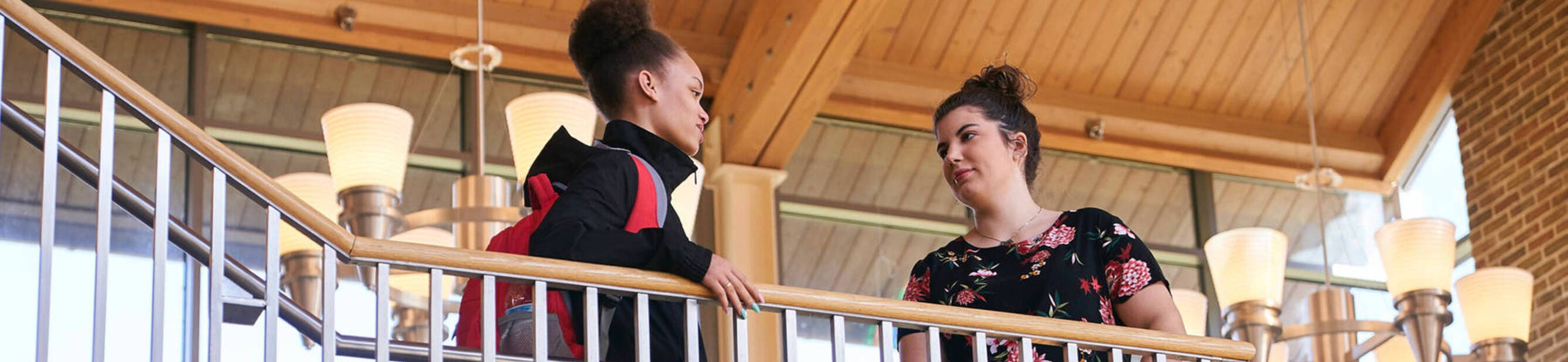 Two students talking on steps2